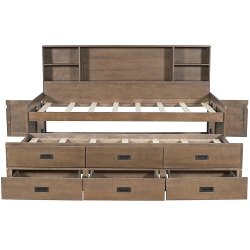 Full Size White Solid Wood Storage Daybed with Trundle Drawers Bookcase M61460
