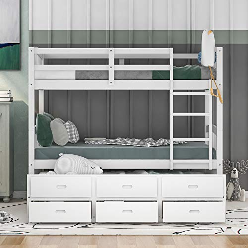 Twin Over Twin Bunk Bed with Storage Drawers and Trundle, Solid Wood (White) P60402