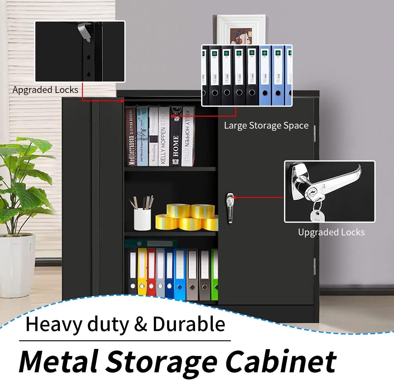 Black 42" Steel Storage Cabinet with 2 Adjustable Shelves and 2 Doors P812