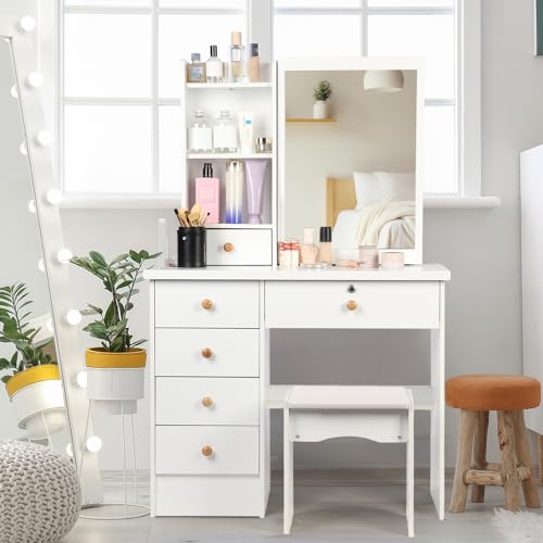 White Makeup Vanity Desk with Mirror and Storage Drawer J8382