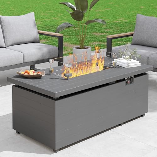 Gray Rectangle Propane Fire Pit Table with Glass Wind Guard, Rain Cover, Removable Lid B4938