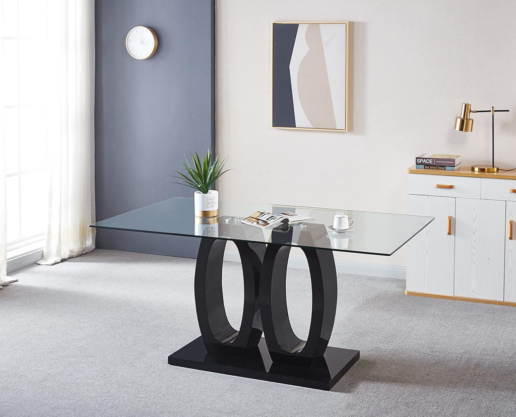 Rectangular Tempered Glass Dining Table with Double O-Shape Pedestal F698113