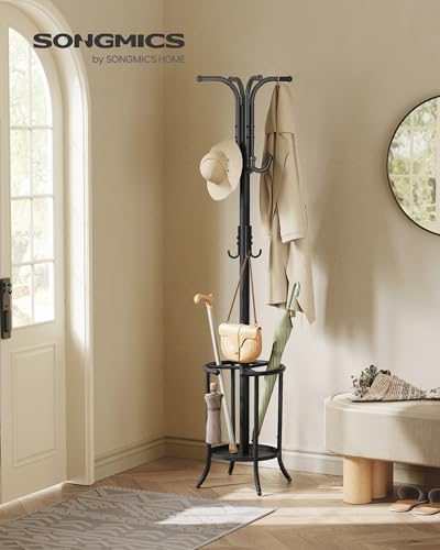 Ink Black Metal Coat Rack with 12 Hooks and Umbrella Holder Z9355