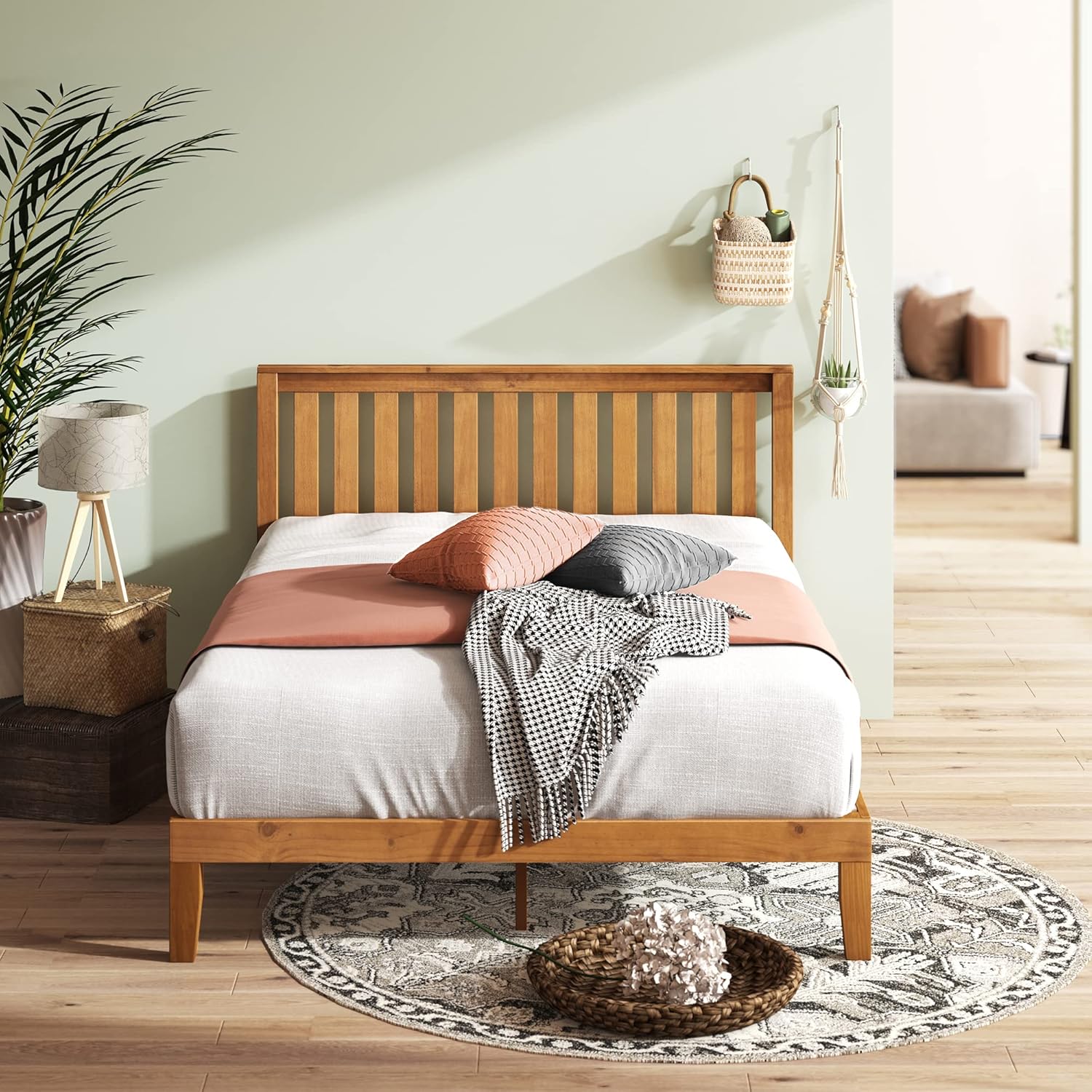 Rustic Pine Twin Wood Platform Bed Frame with Headboard R7938