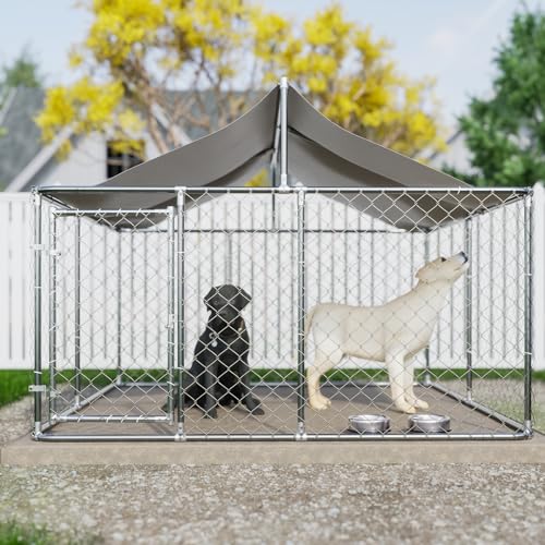 Large Galvanized Steel Chain Link Dog Kennel Pen with Roof, 90 x 90 x 65 Inch M546605