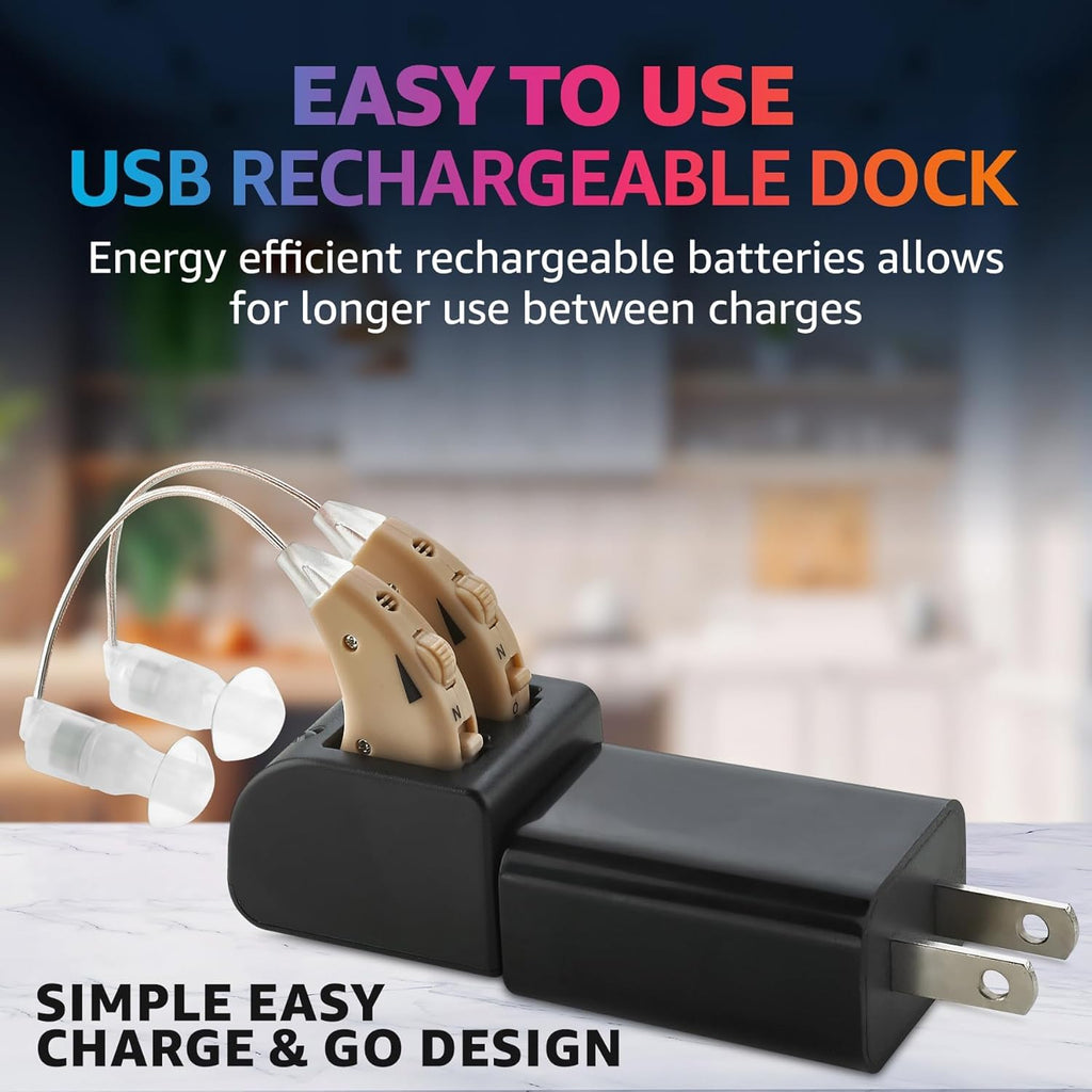 Rechargeable Behind the Ear Digital Hearing Amplifier Pair with USB Charging Dock K39134