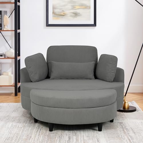 Oversized Corduroy Accent Barrel Chair with Adjustable Headrest, 4 Pillows, Storage Ottoman & Removable Tray U109