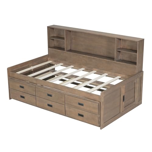Full Size White Solid Wood Storage Daybed with Trundle Drawers Bookcase M61460