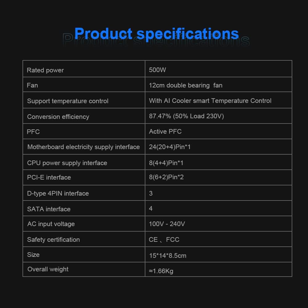 500W 80 Plus Gold Non-Modular Active PC Power Supply with 120mm Fan C15422