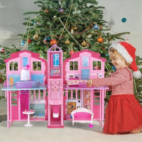 2-Story Foldable Dollhouse with 4 Rooms & Elevator D155033