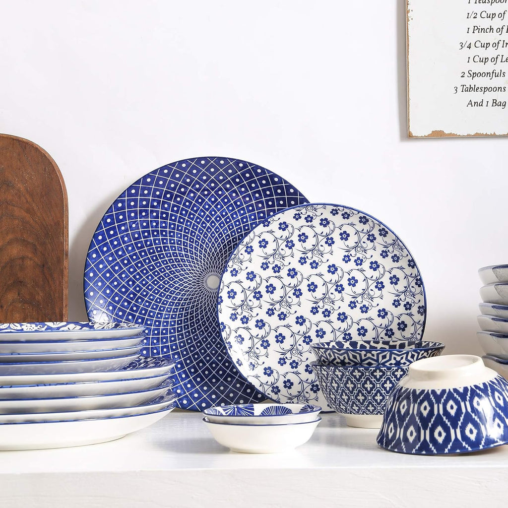 10 inch Porcelain Dinner Plates 16-Pieces Dinnerware Set Vintage Blue O902116