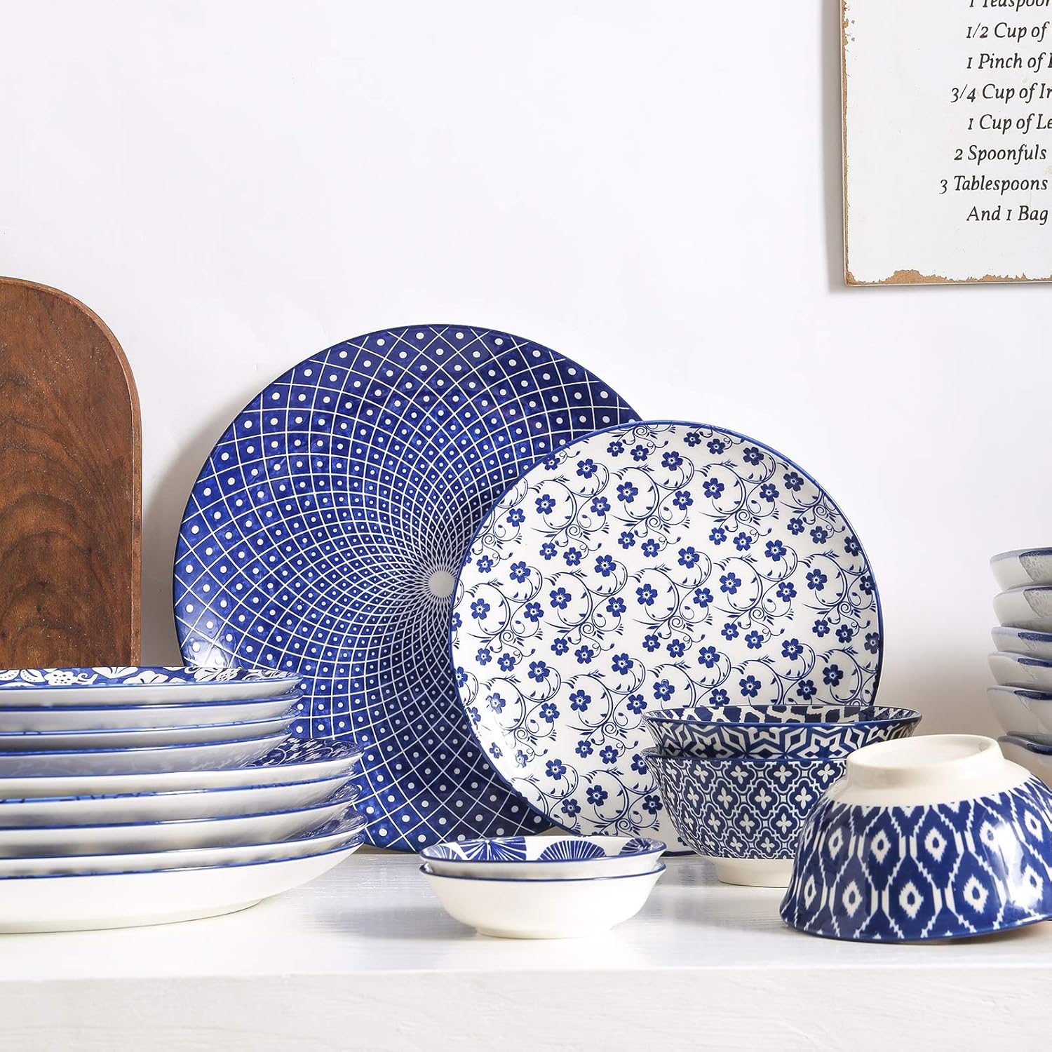 10 inch Porcelain Dinner Plates 16-Pieces Dinnerware Set Vintage Blue O902116