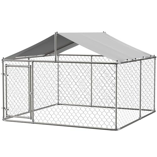 Large Galvanized Steel Chain Link Dog Kennel Pen with Roof, 90 x 90 x 65 Inch M546605