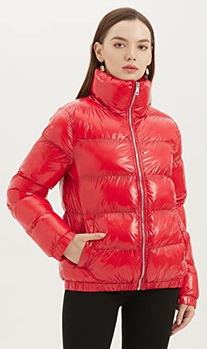 Metallic Shiny Puffer Jacket Quilted Winter Warm Zip Stand Collar Padded Short Bubble Coat L351218