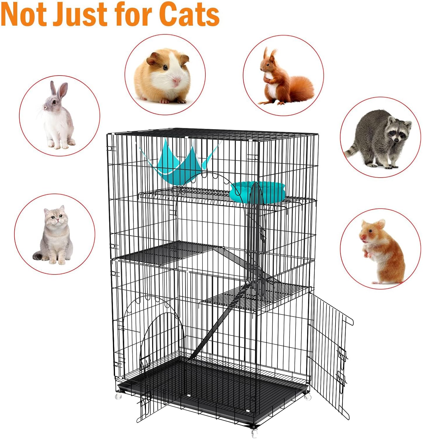 46 inch 3-Tier Folding Metal Wire Cat Cage with Wheels Shelves Ladders Tray R194449