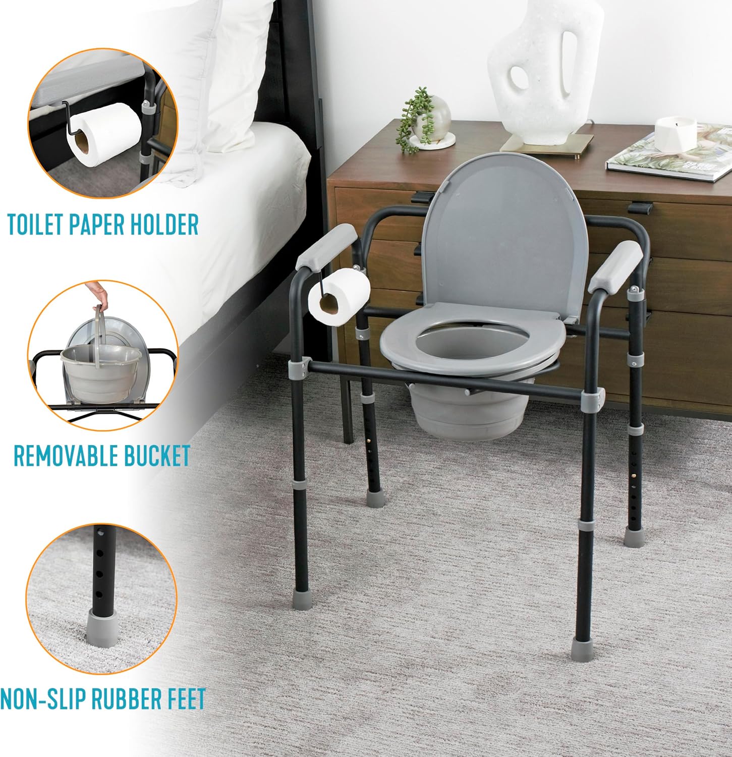 Extra Wide 3-in-1 Adjustable Toilet Safety Rail Shower Chair Portable Toilet with Removable Bucket H43769
