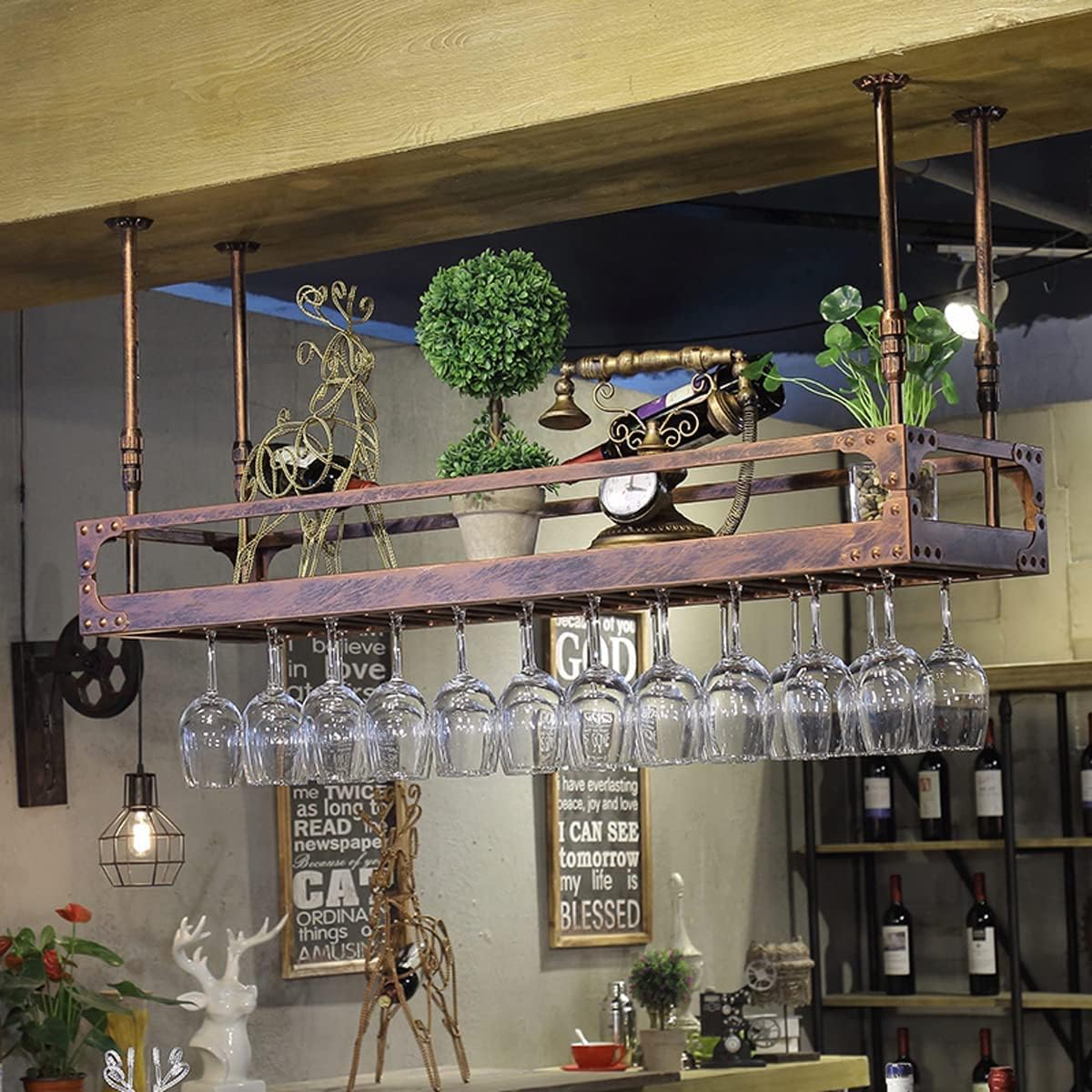 Coppery Bronze Metal Wall-Mounted Wine Glass Rack, 60x35cm T277