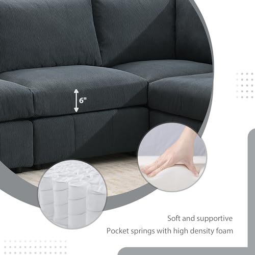 Dark Grey Corduroy 5-Seat L Sectional Sofa with 2 Ottomans O11454