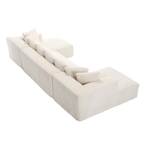 White Striped Corduroy Upholstered 4 Seater Modular Sectional Sofa N1464