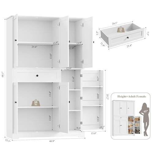 White Tall Kitchen Pantry Storage Cabinet with Doors and Shelves and Drawer H490315