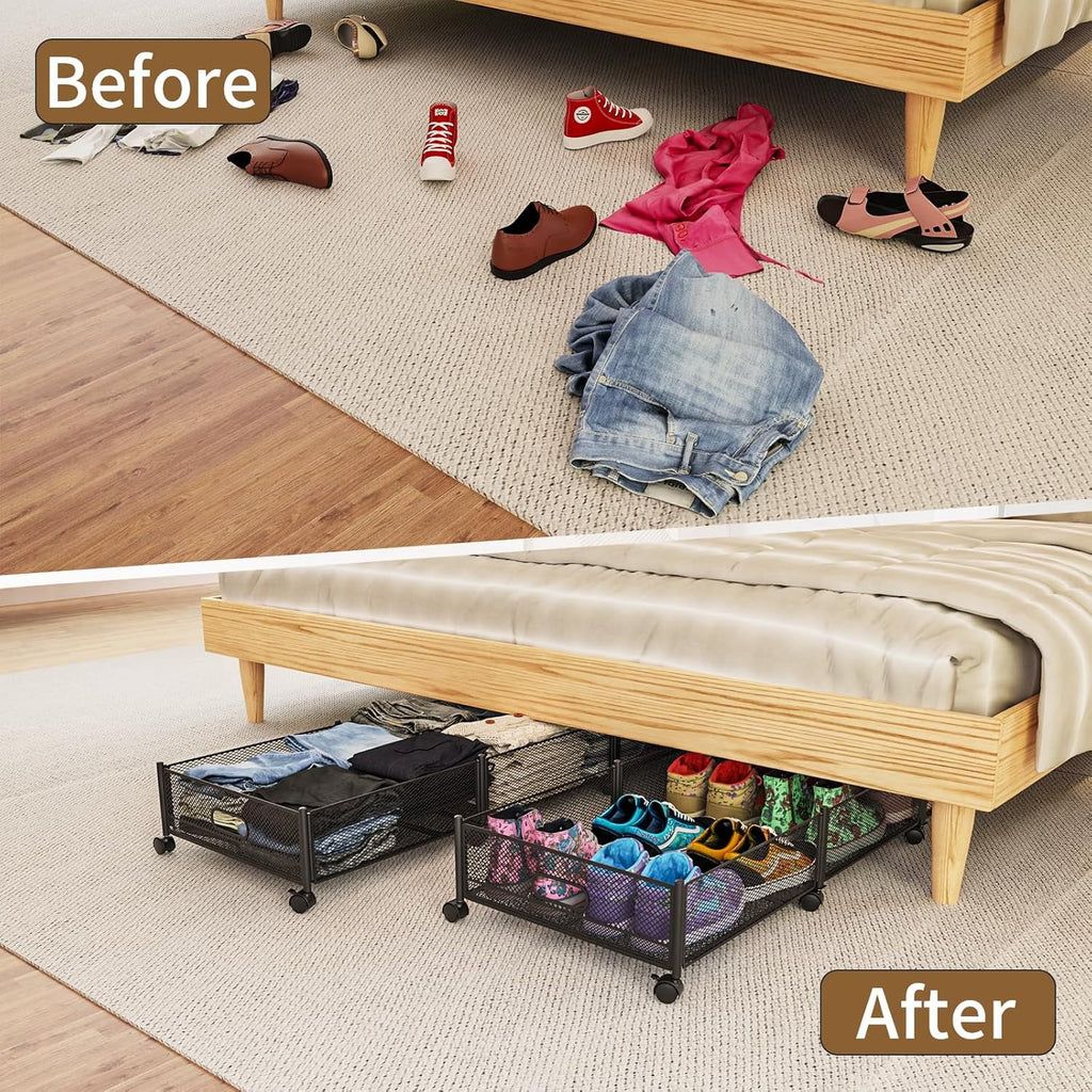 Under Bed Storage on Wheels, Large Capacity Rolling Under the Bed Storage Containers, Foldable Drawers V8047