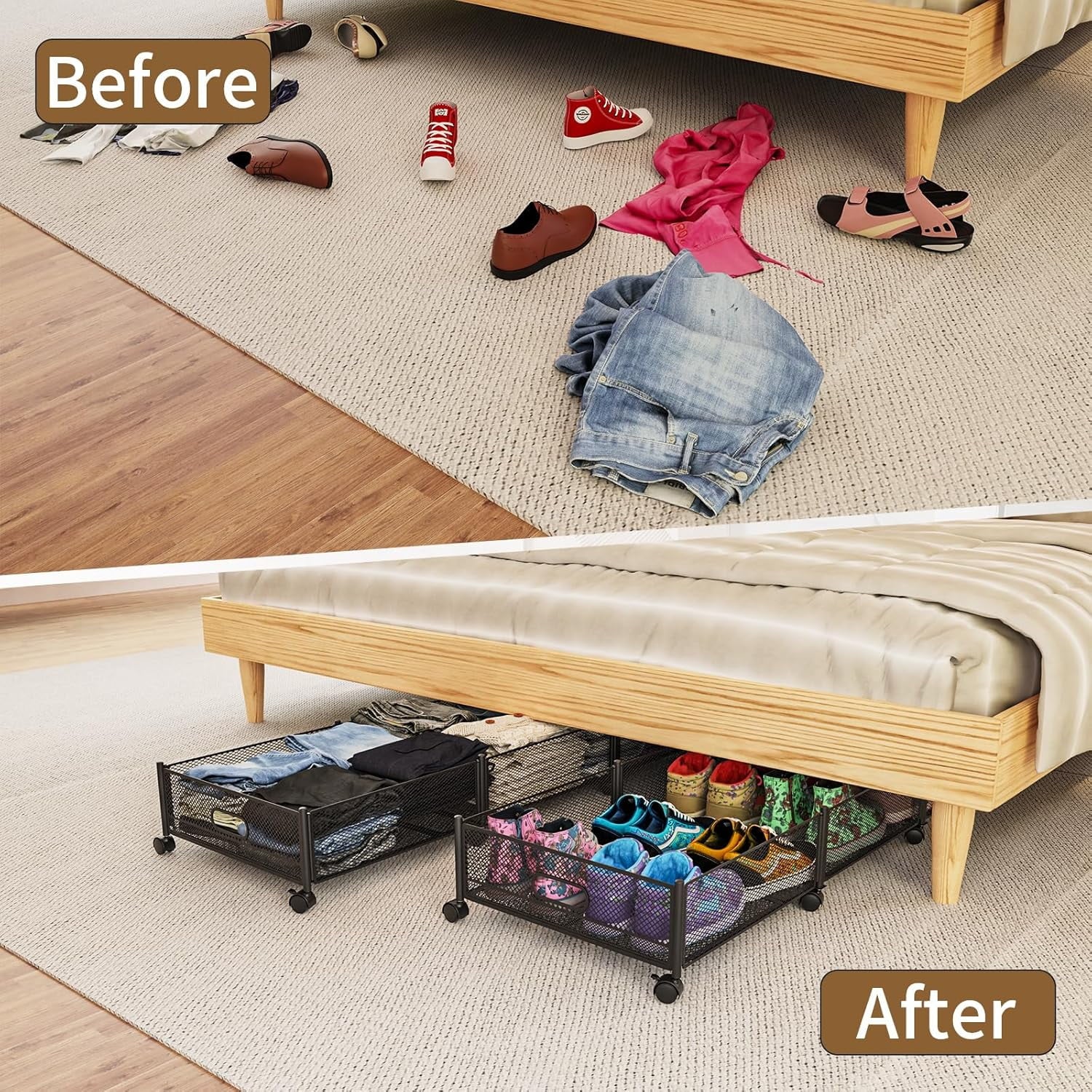 Under Bed Storage on Wheels, Large Capacity Rolling Under the Bed Storage Containers, Foldable Drawers V8047
