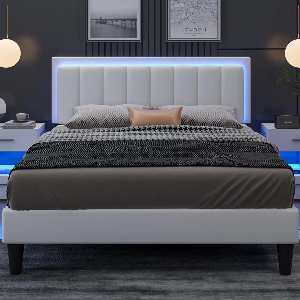 White Full Size Upholstered Platform Bed Frame with PU Faux Leather Headboard V9132