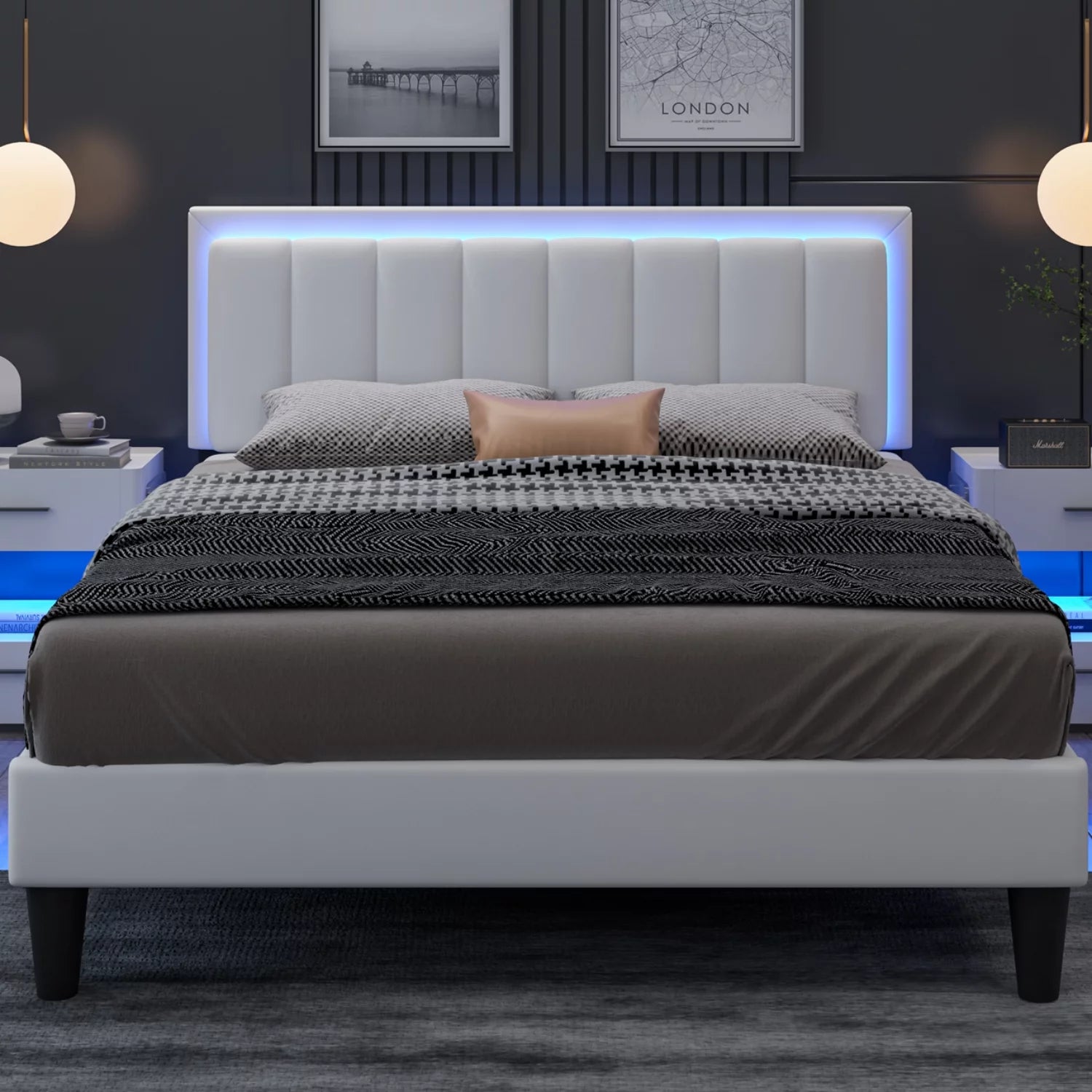 White Full Size Upholstered Platform Bed Frame with PU Faux Leather Headboard V9132