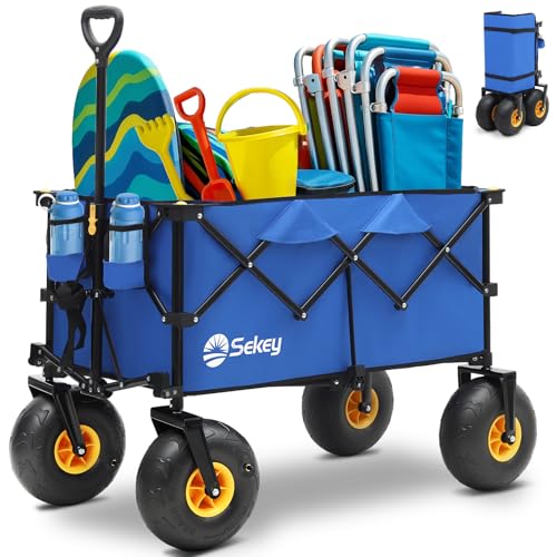 Heavy Duty Beach Wagon with 9" Big Sand-Proof Wheels, 440lb Capacity, Oversized Foldable Cart, Blue&White A6131