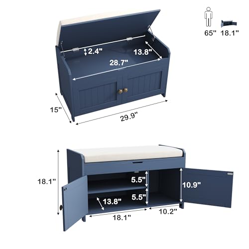 Blue Wood Shoe Storage Bench with Cushioned Seat C113