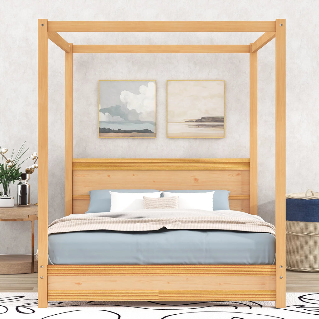 Wood Queen Size Canopy Platform Bed with Headboard O523336