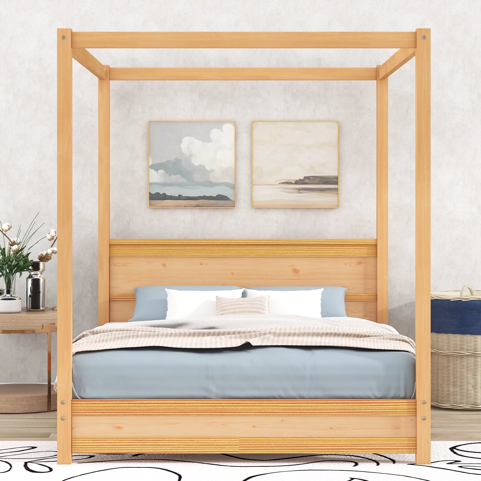 Wood Queen Size Canopy Platform Bed with Headboard O523336