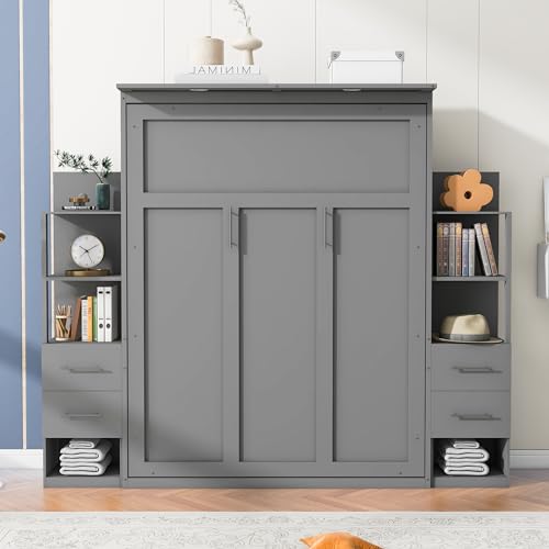 Gray Queen Murphy Bed with Storage Shelves, Drawers and LED Light, Wood Foldable Wall Bed Frame D469068