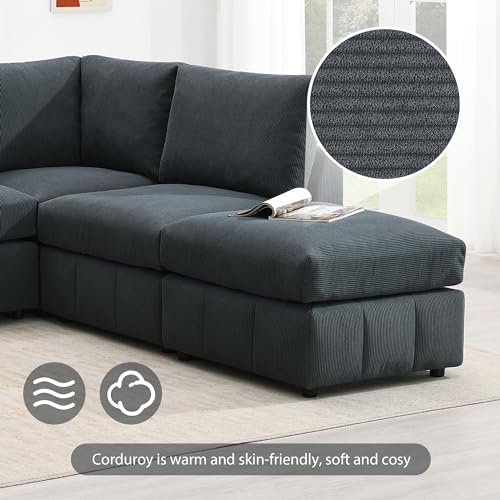 Dark Grey Corduroy 5-Seat L Sectional Sofa with 2 Ottomans O11454