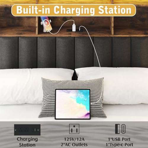 Rustic Grey Queen Bed Frame with Headboard, 4 Storage Drawers, Charging Station, LED N759