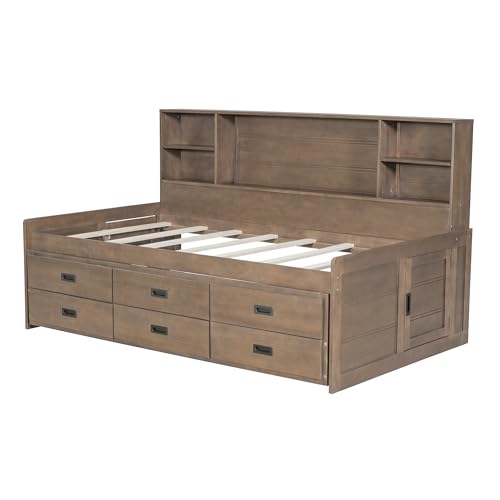 Full Size White Solid Wood Storage Daybed with Trundle Drawers Bookcase M61460