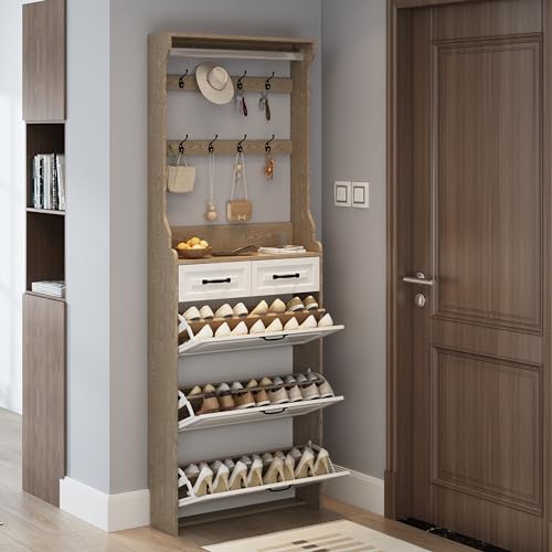 Rustic White Wooden Hall Tree with 5 Coat Hooks and 2 Shoes Cabinets G727545