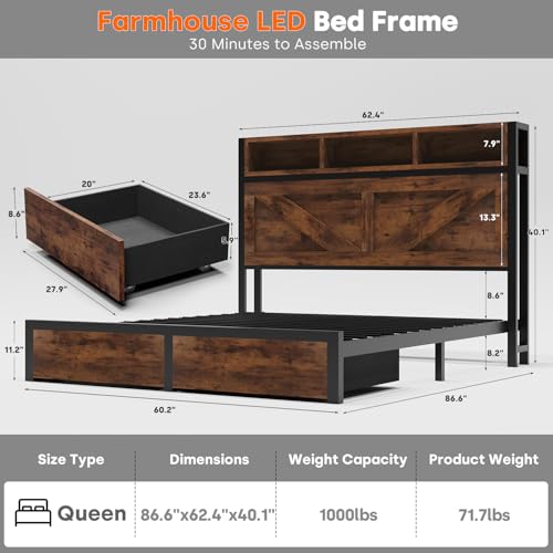 Brown Full Bed Frame with Bookcase Storage Headboard and 2 Storage Drawers Q581