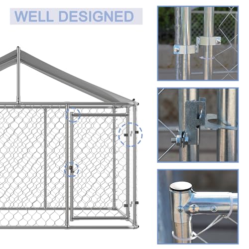 Large Galvanized Steel Chain Link Dog Kennel Pen with Roof, 90 x 90 x 65 Inch M546605