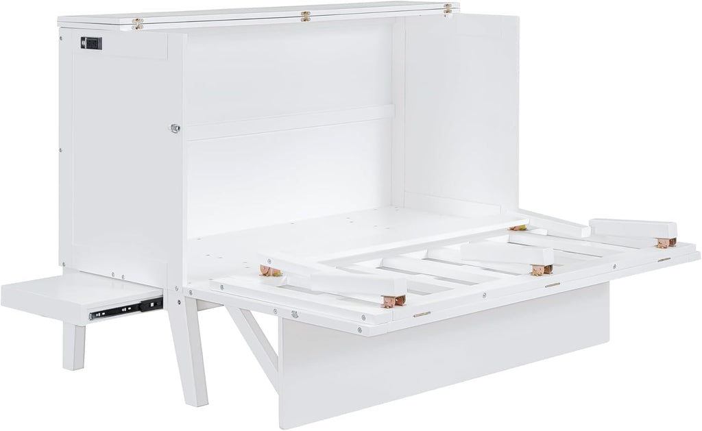 White Queen Wooden Murphy Bed with Desk Board and Removable Shelves O868387