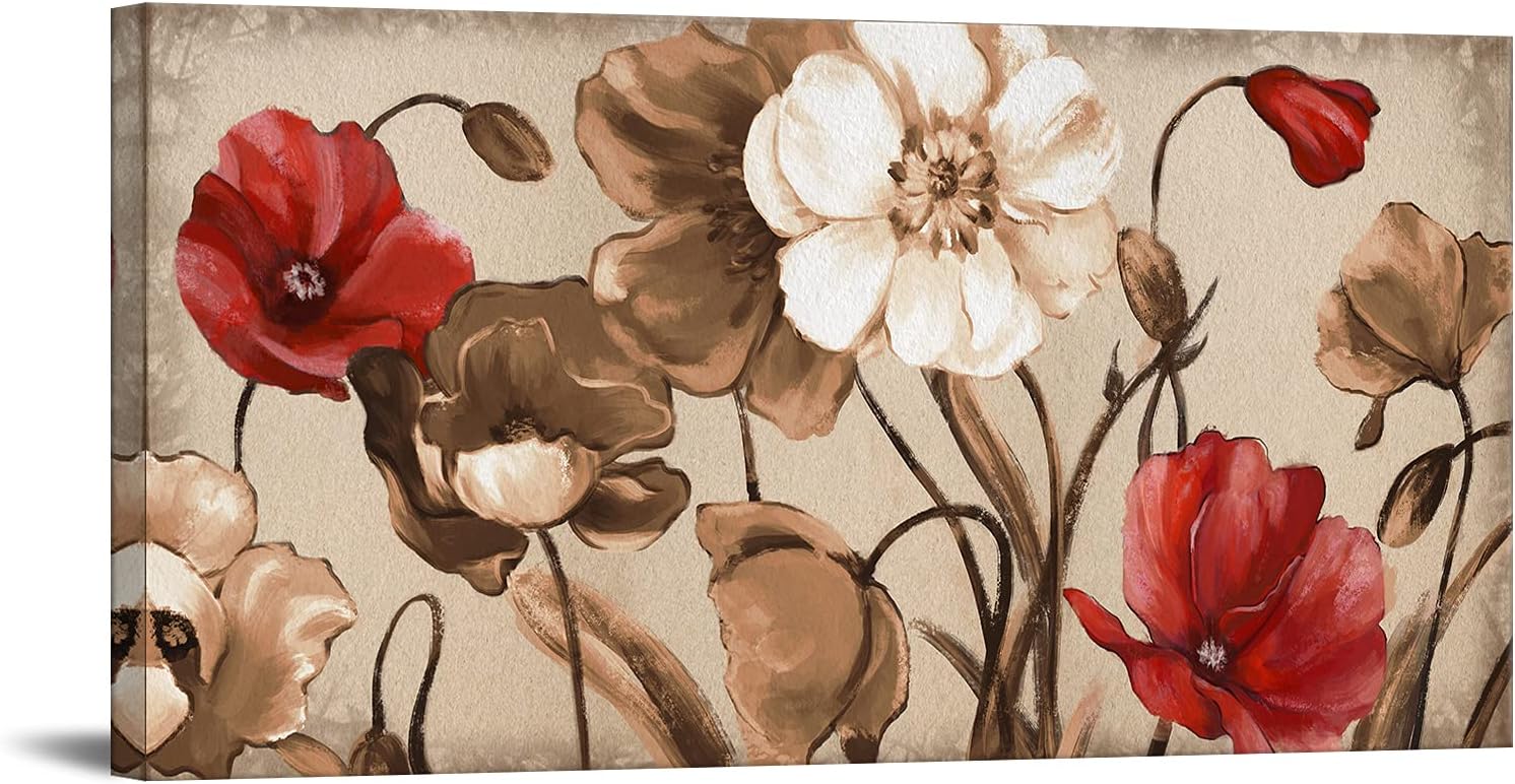Red and Brown Flowers Painting on Canvas Vintage Wall Art D2902