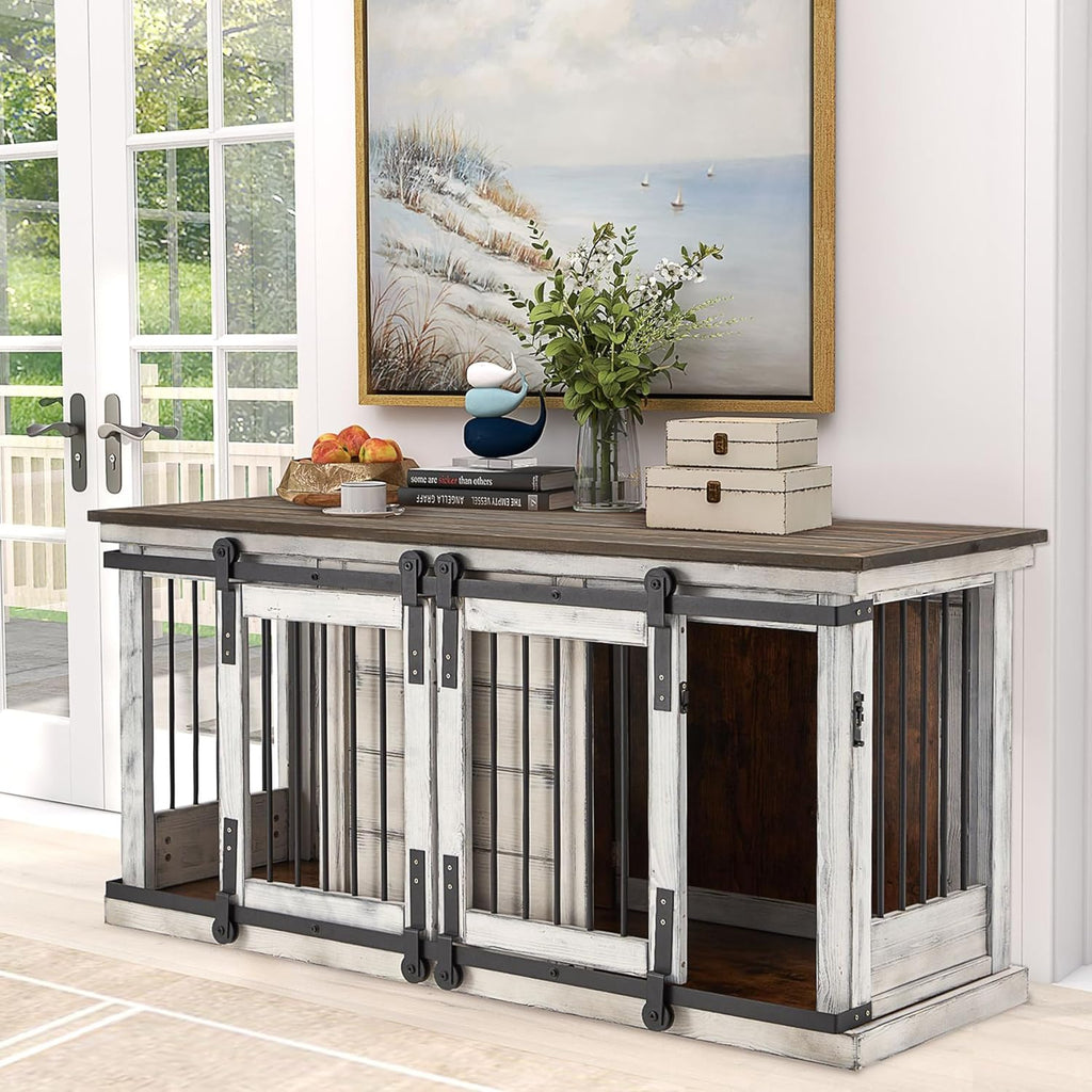 White 62.5'' Solid Wood Dog Crate with Removable Divider Y5774