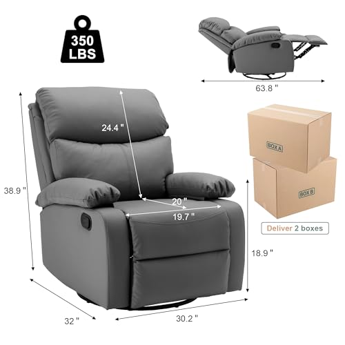 Genuine Leather Swivel Rocker Recliner Chair, Dark Grey S423208