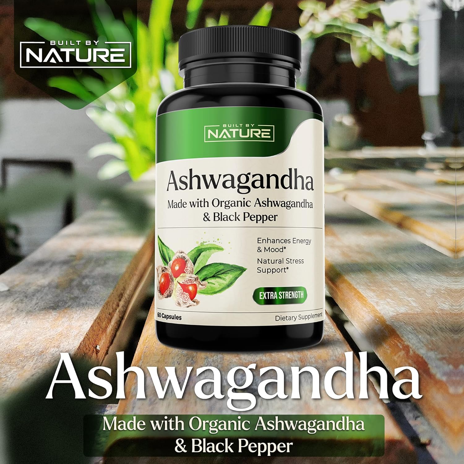 Pure Organic Ashwagandha Powder Supplement, 60 Vegan Capsules W40337