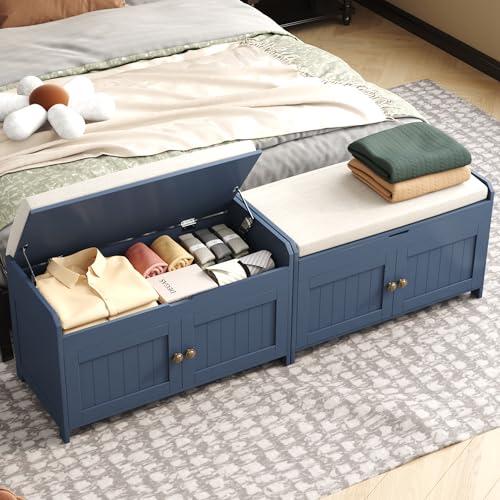 Blue Wood Shoe Storage Bench with Cushioned Seat C113