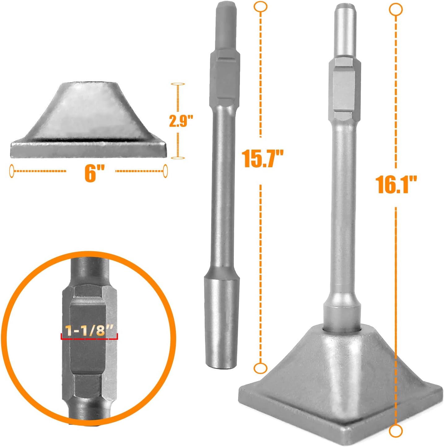 1-1/8" Tamper Shank with 6x6" Plate for Jack Hammer Bit A7337