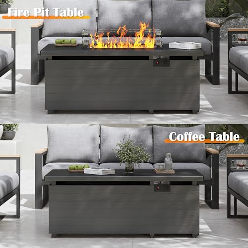 Gray Rectangle Propane Fire Pit Table with Glass Wind Guard, Rain Cover, Removable Lid B4938