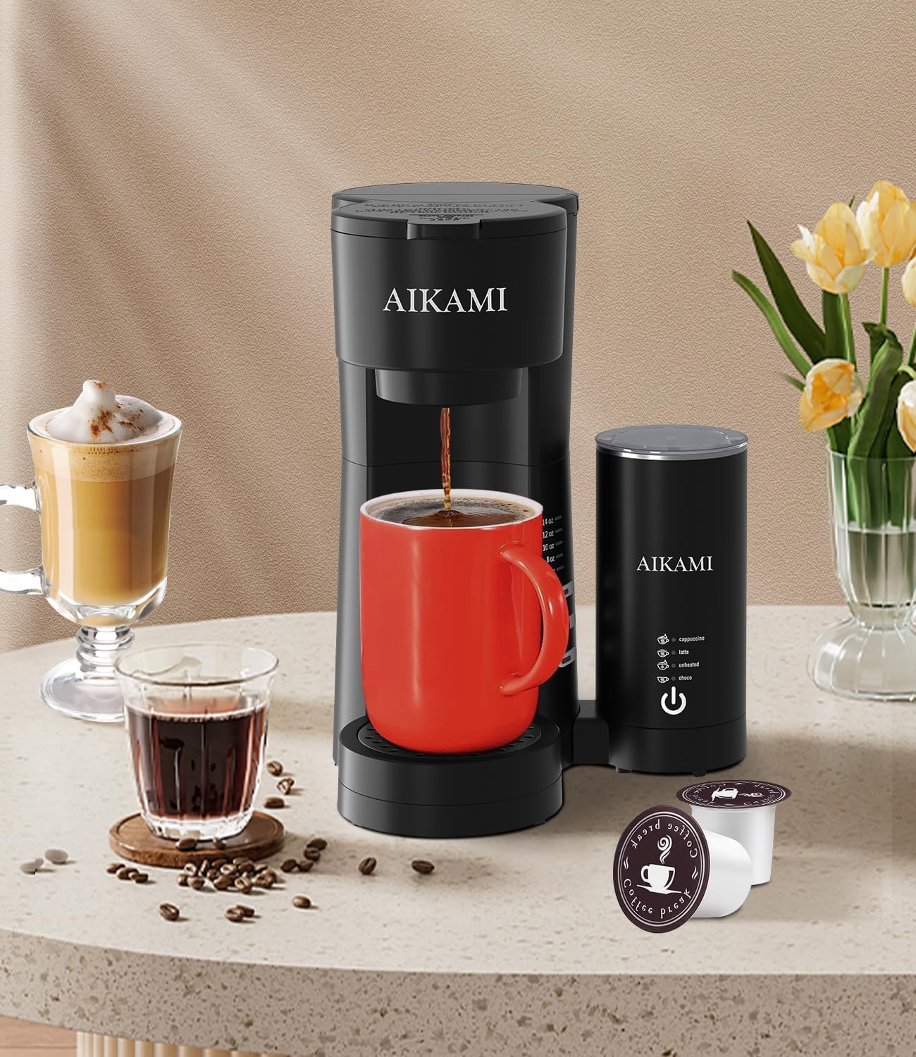Single Serve Coffee Maker with Milk Frother, 6 to 14 Oz Brew Sizes, Clear Water Reservoir G9405