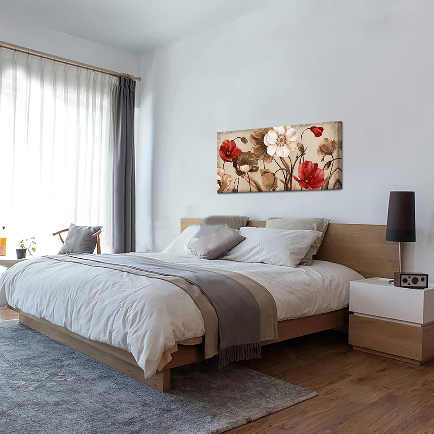 Red and Brown Flowers Painting on Canvas Vintage Wall Art D2902