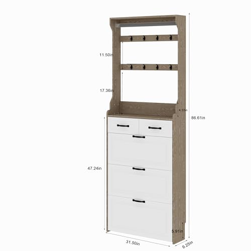 Rustic White Wooden Hall Tree with 5 Coat Hooks and 2 Shoes Cabinets G727545